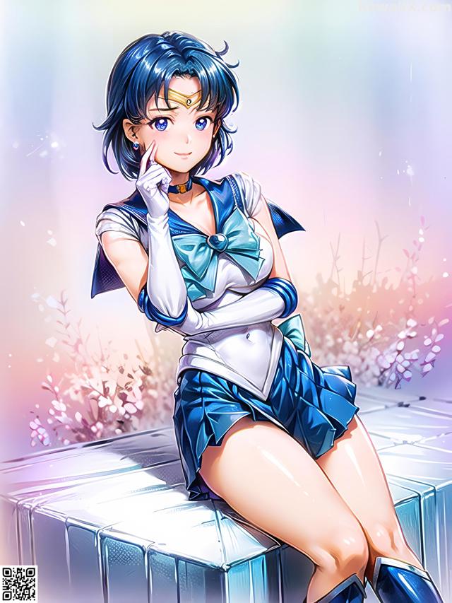 A girl in a sailor suit sitting on top of a box.