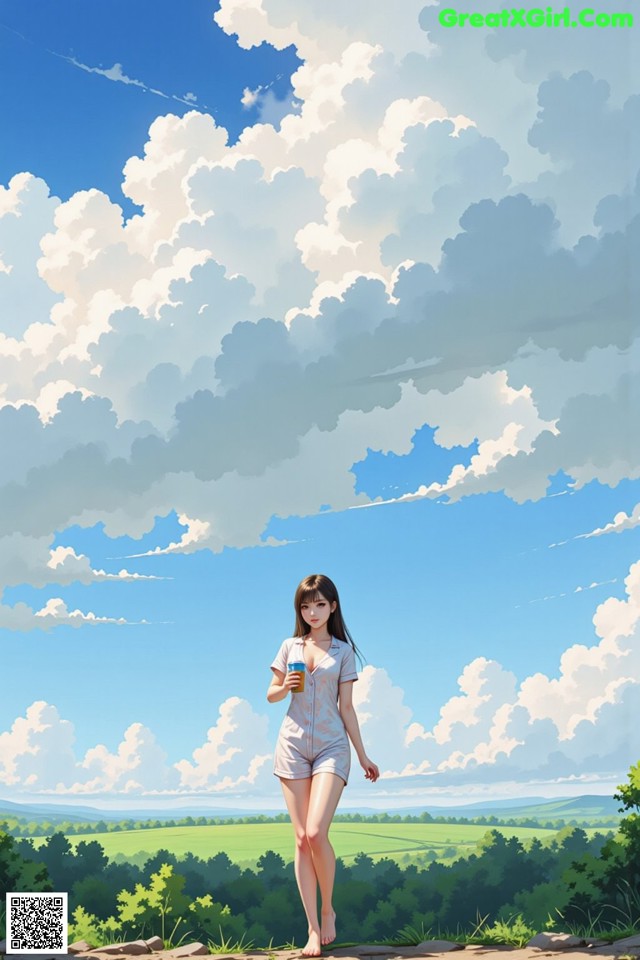 A woman standing on top of a hill holding a cup of coffee.