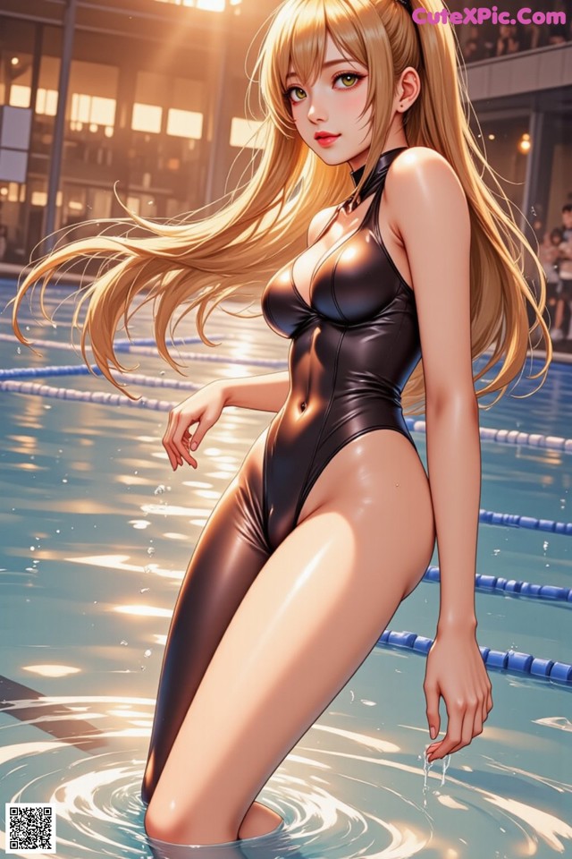 A woman in a black bathing suit standing in a pool.