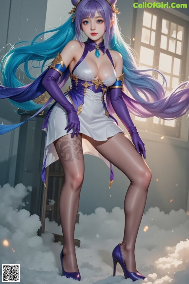 A woman with long blue hair wearing a white dress and purple gloves.