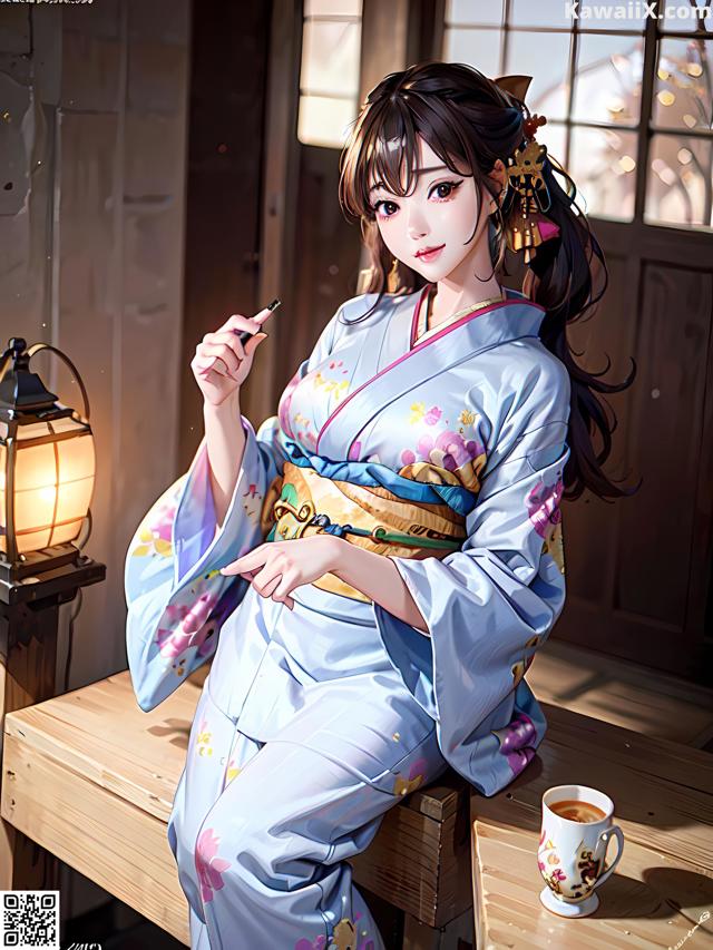 A woman in a kimono sitting at a table with a cup of tea.