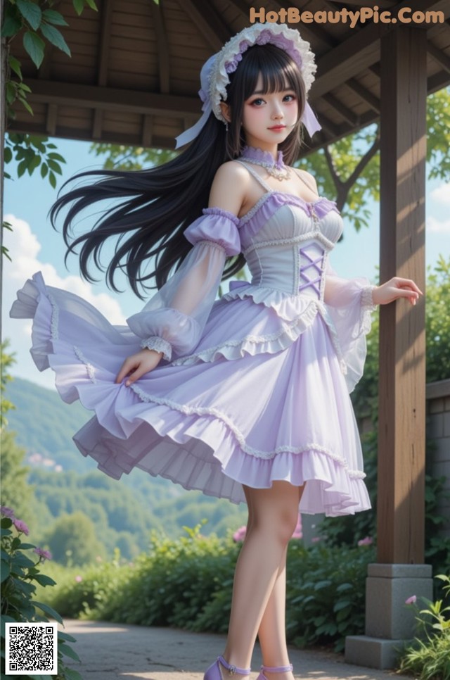 A woman in a purple dress is posing for a picture.
