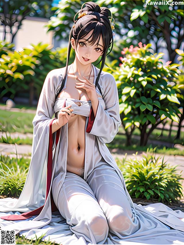 A woman in a kimono sitting on the ground in a park.