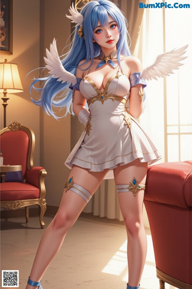 A woman in a white dress with blue hair and angel wings.