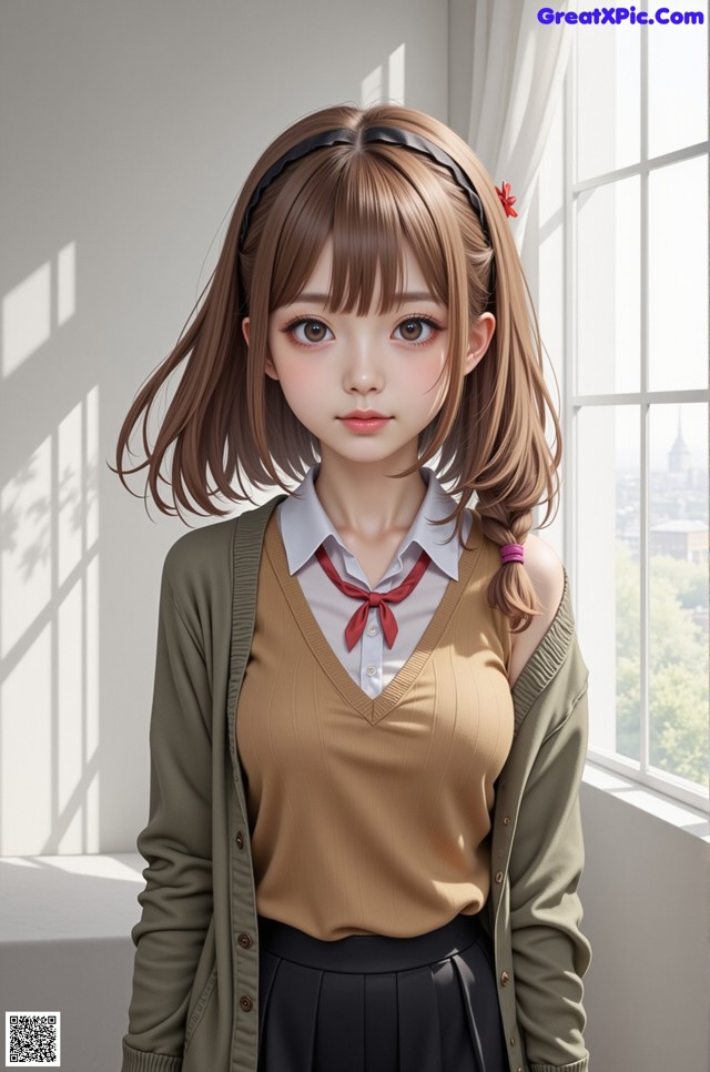 A girl in a school uniform standing in front of a window.