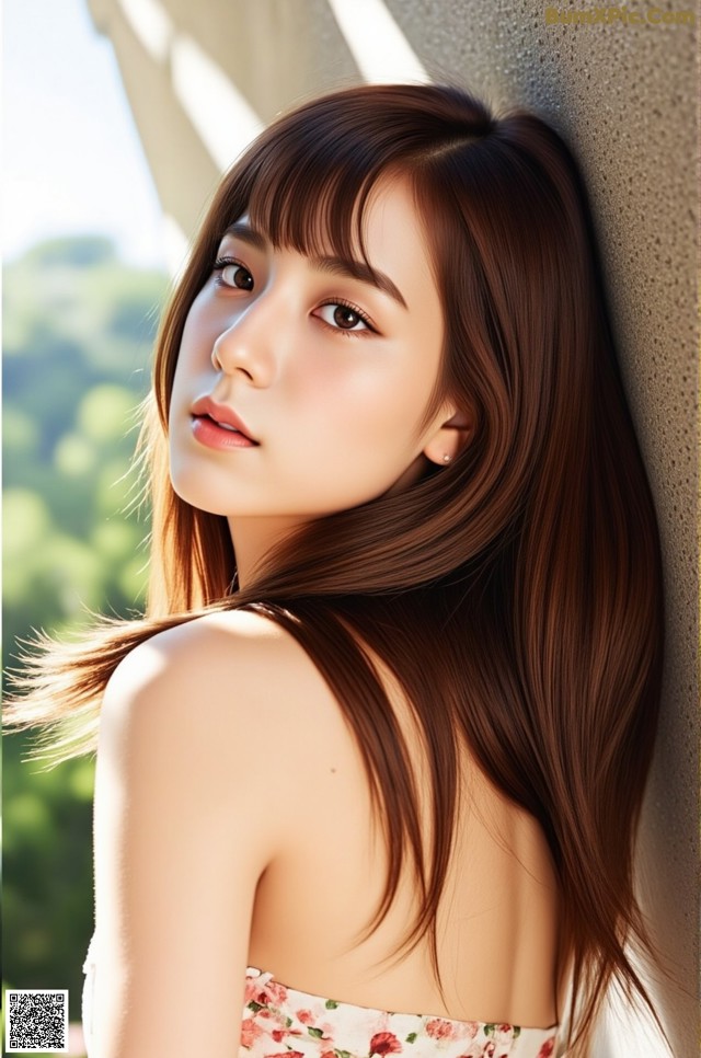 A woman with long brown hair leaning against a wall.