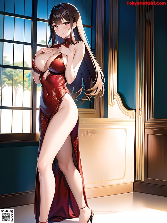 A woman in a red dress standing in front of a window.